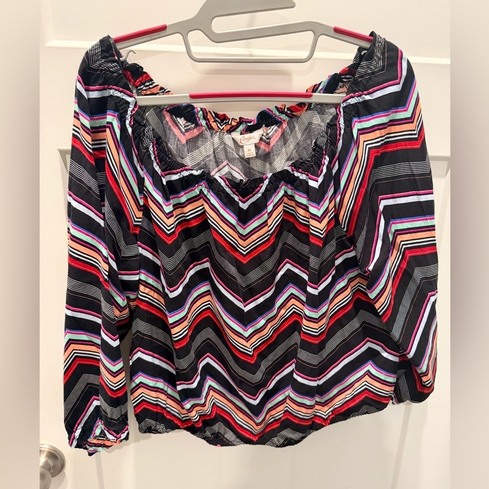 Candie’s Chevron Blouse Women’s XL Black Multicolor Long Sleeve Rayon Top